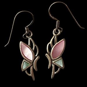 Vintage Sterling Silver Abalone Shell Butterfly Dangle Earrings